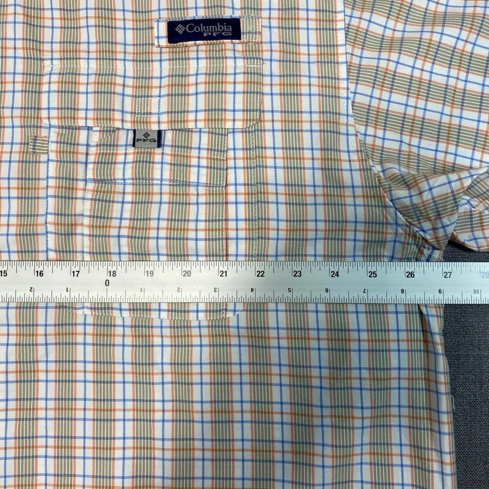 Columbia PFG‎ Super Bahama Fishing Shirt Mens XL Orange Blue Plaid Short Sleeve